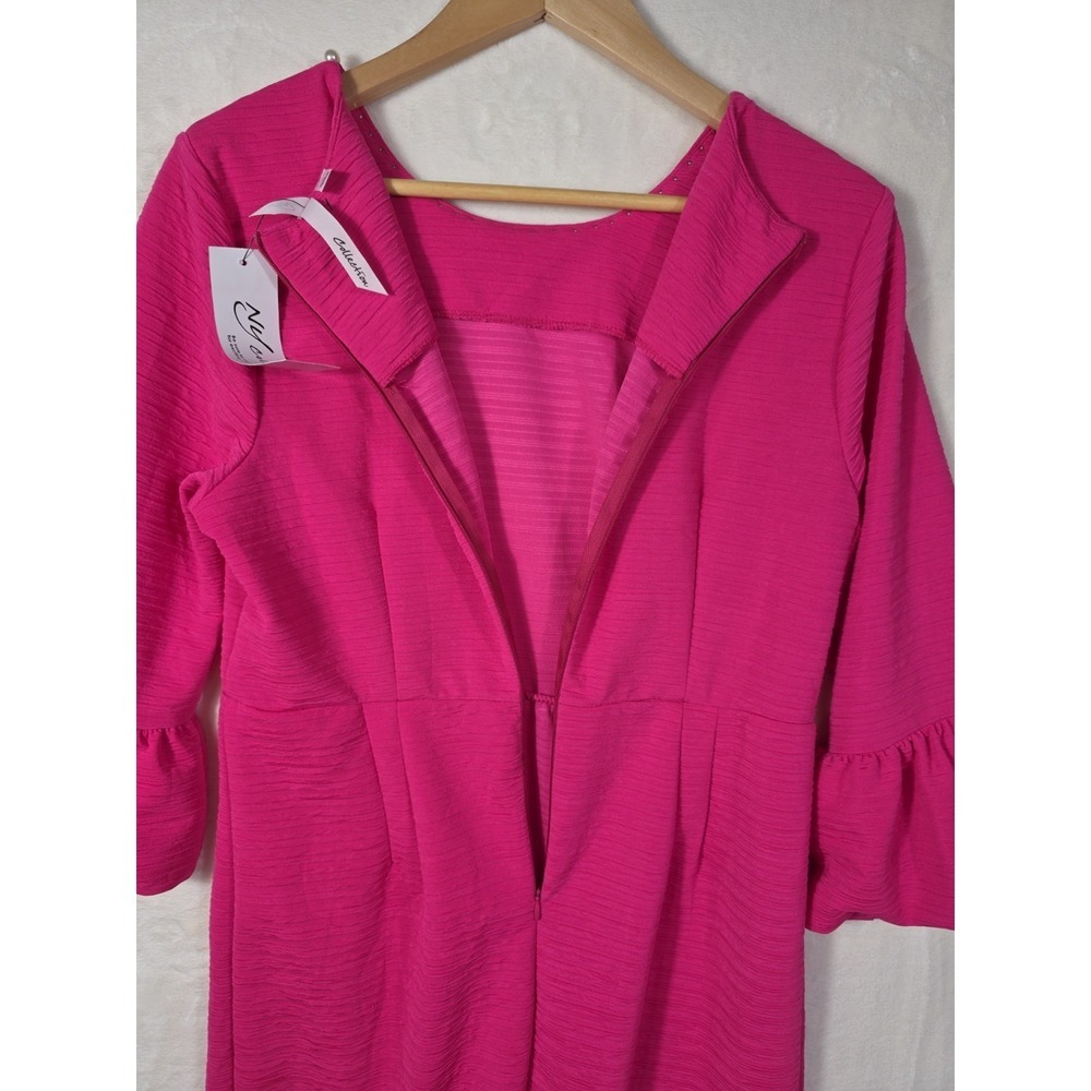 NWT NY Collection Pink Pearl Neck Shift Dress Large L Hot Pink Bell Sleeve - Picture 5 of 11